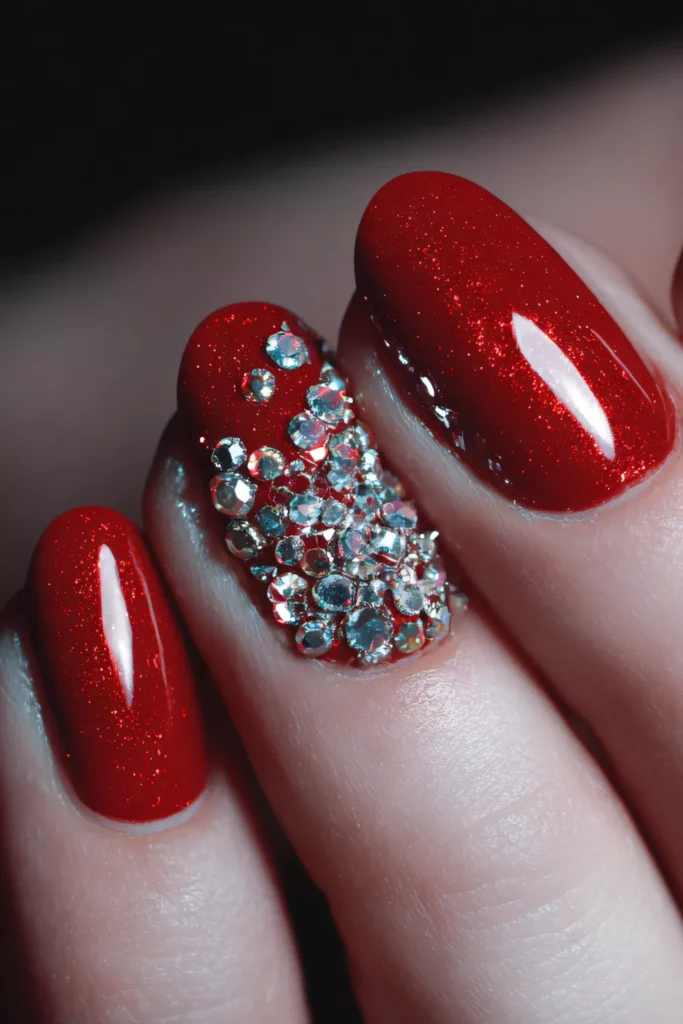 Oval red glitter nails with one finger completely covered in silver rhinestones.