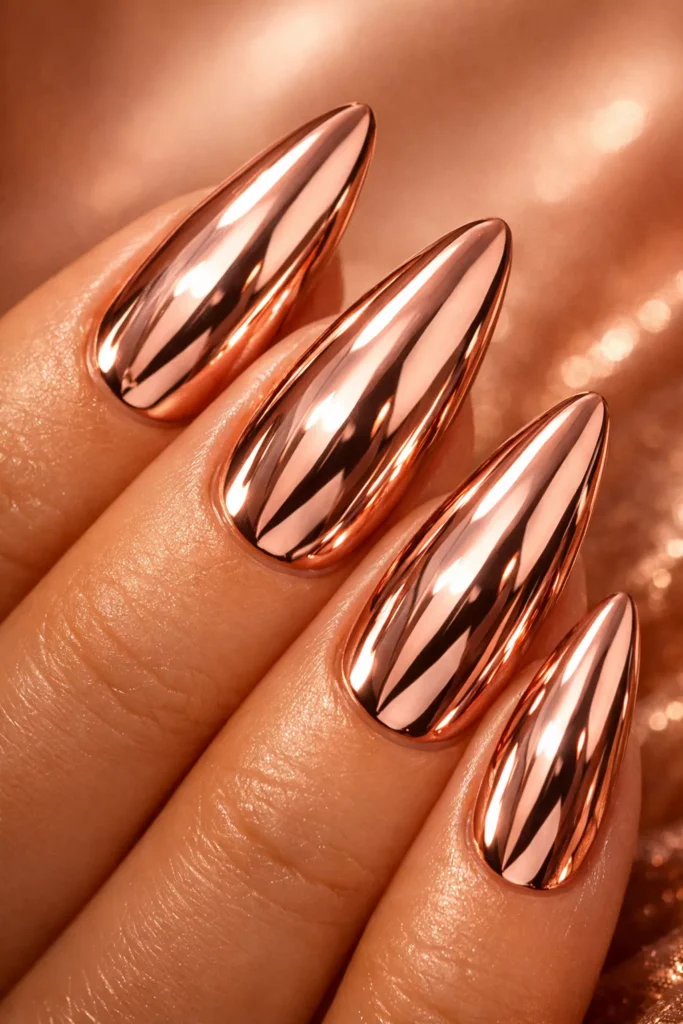 Reflective rose gold chrome coffin-shaped nails.