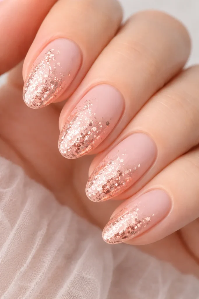 Blush pink nails with rose gold foil flakes, elegant pink nail ideas.