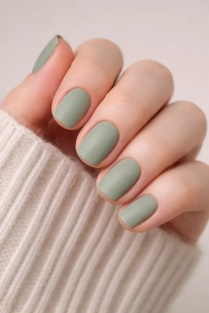 Short squoval nails painted matte sage green minimalist style