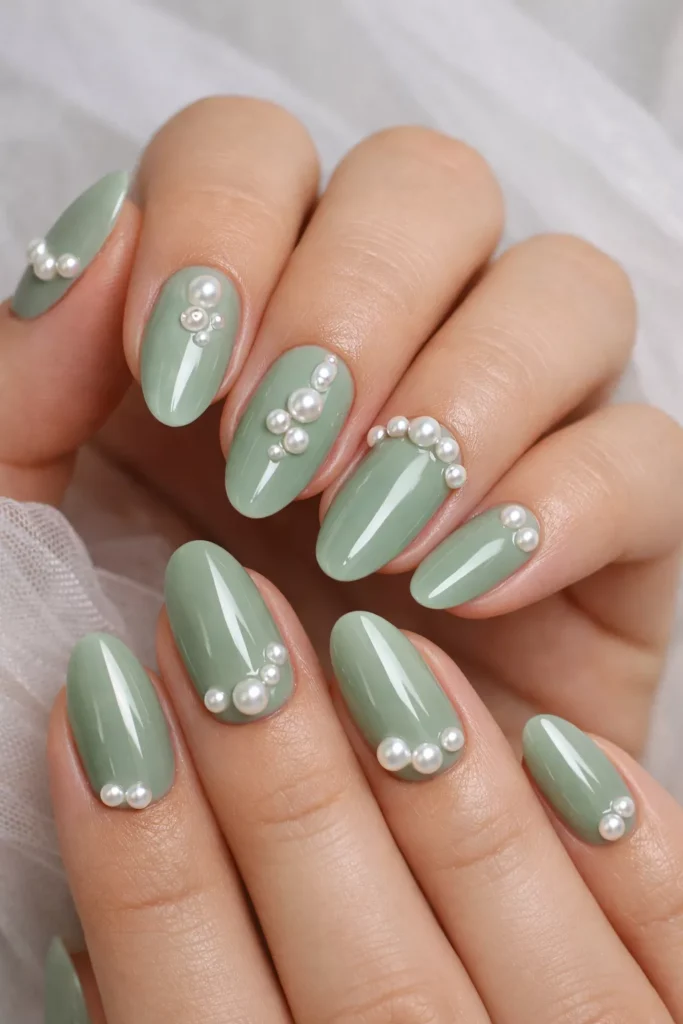 Oval sage green nails decorated with pearl embellishments