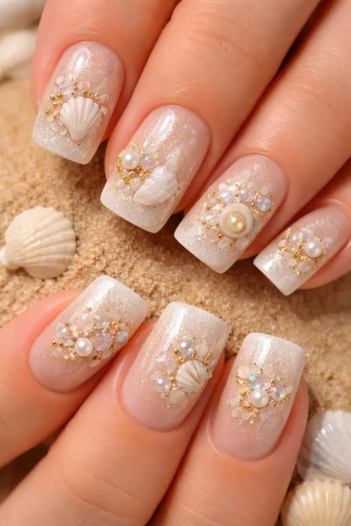 Sandy beige nails with 3D seashell embellishments.