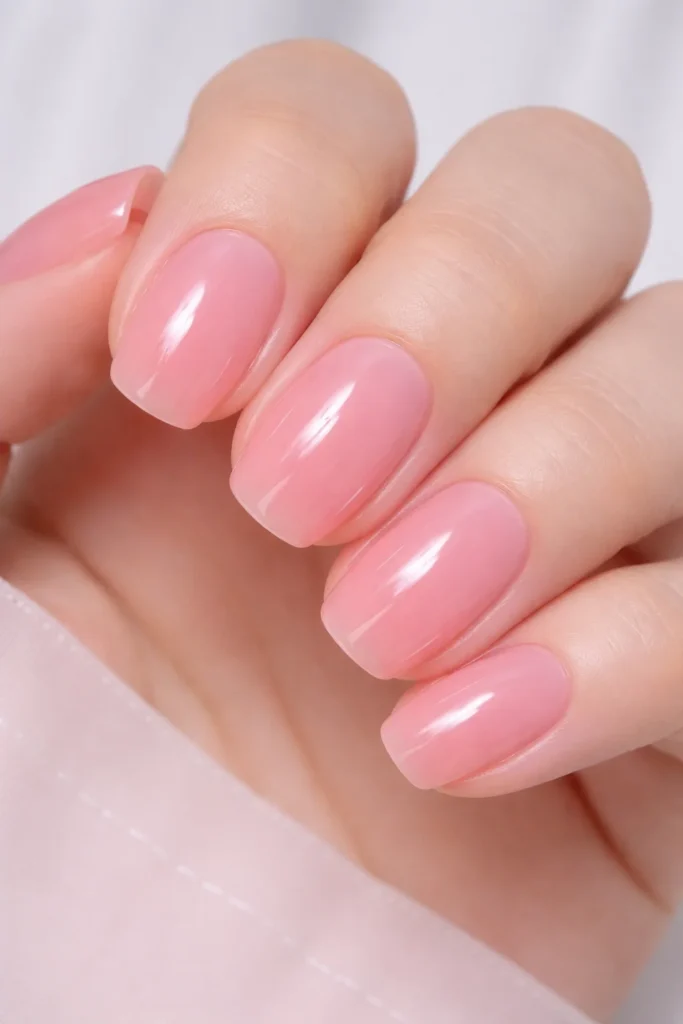 Sheer pink jelly nails with translucent glossy finish, trendy pink nail ideas.