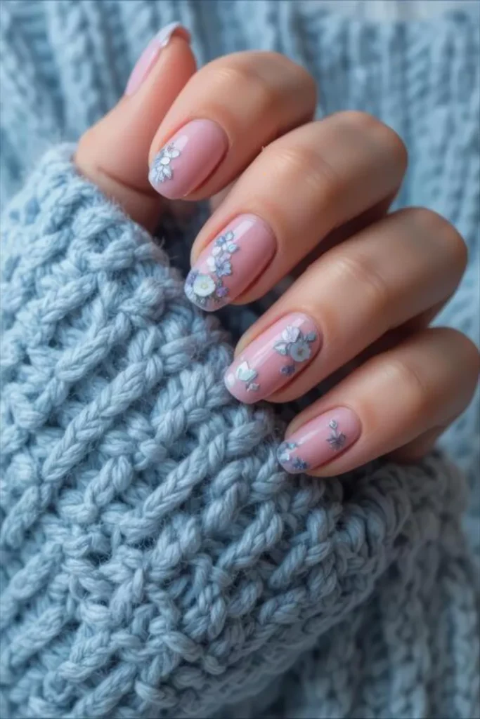 Short, rounded nails with a glossy mauve-pink base, decorated with 3D floral accents and tiny silver gems, held against a light blue chunky knit sweater.