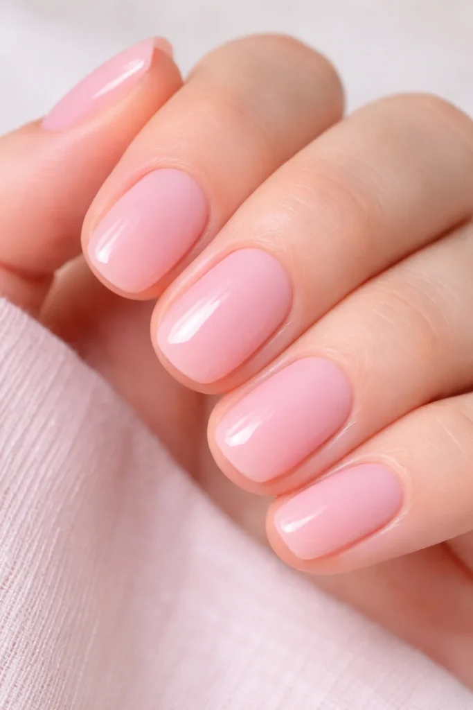 Short pink nails with milky glossy finish, cute pink nail ideas.