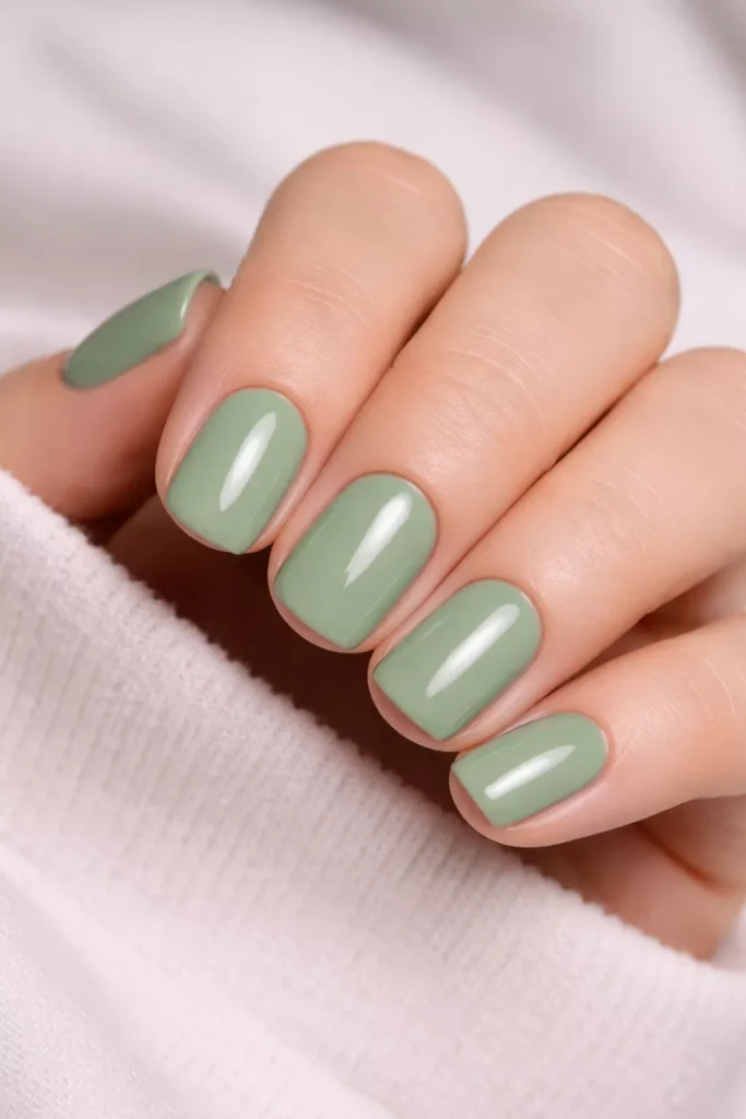 Short squoval nails painted solid sage green