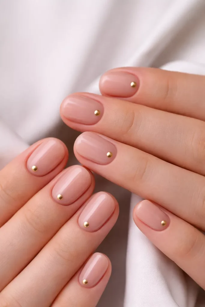 Sheer pink nails with small gold dot accents.
