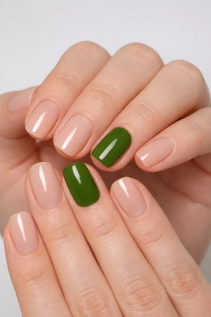 Nude manicure with one moss green accent nail