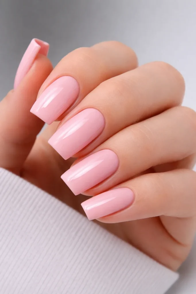 Square pink nails with clean minimalist design, modern pink nail ideas.
