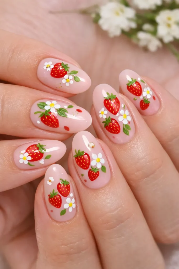Soft pink nails with detailed strawberry designs.