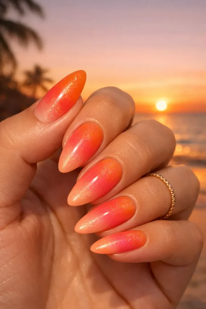 Orange to coral sunset gradient almond-shaped nails.