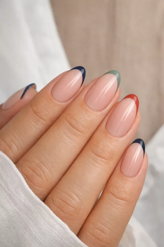 Nude nails with ultra-thin sage French tips.
