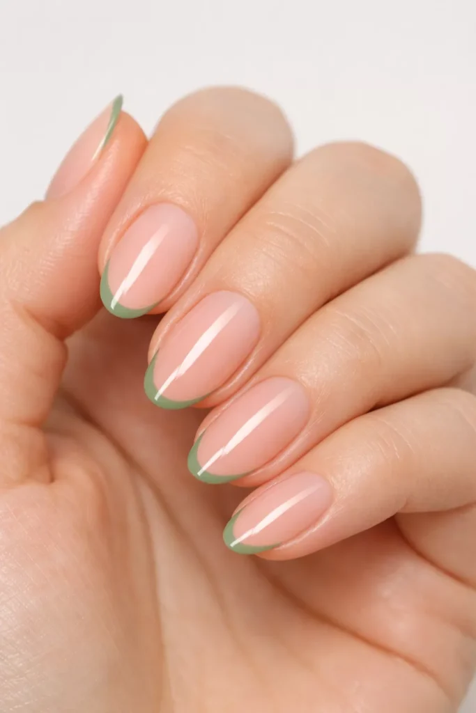 Oval nails with ultra thin sage French tips