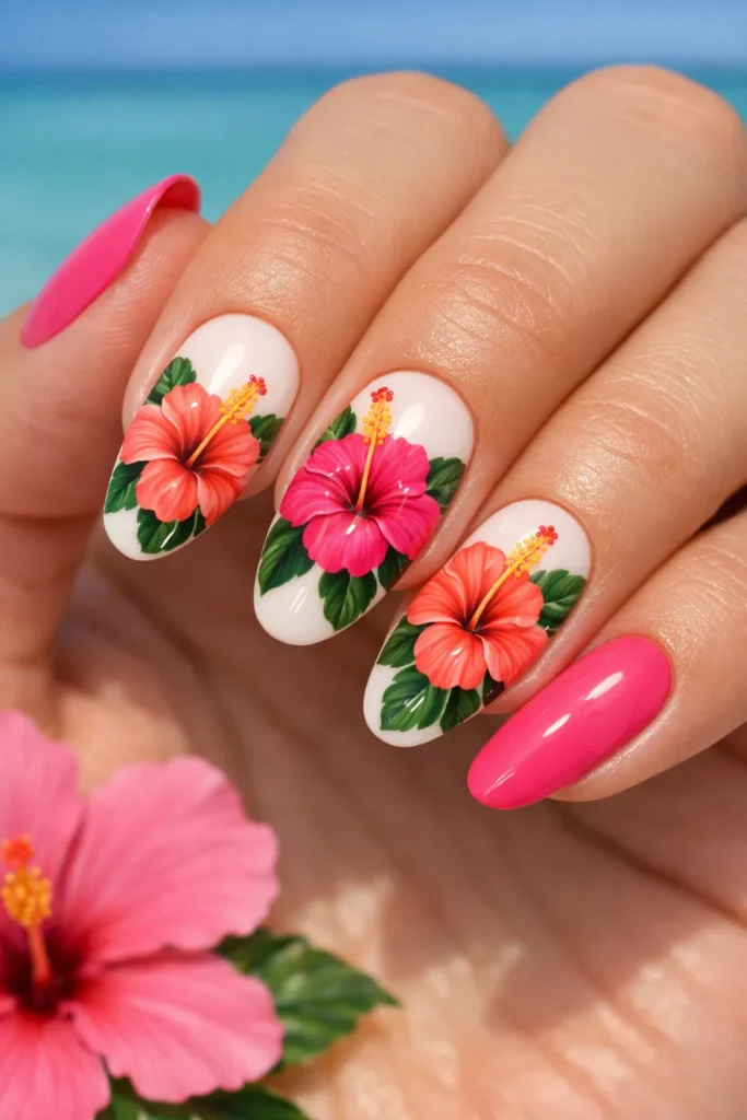 Nude nails with bold pink hibiscus flower accents.