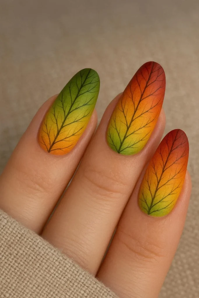 Long almond nails with green to orange to red autumn leaves ombré nail design for fall