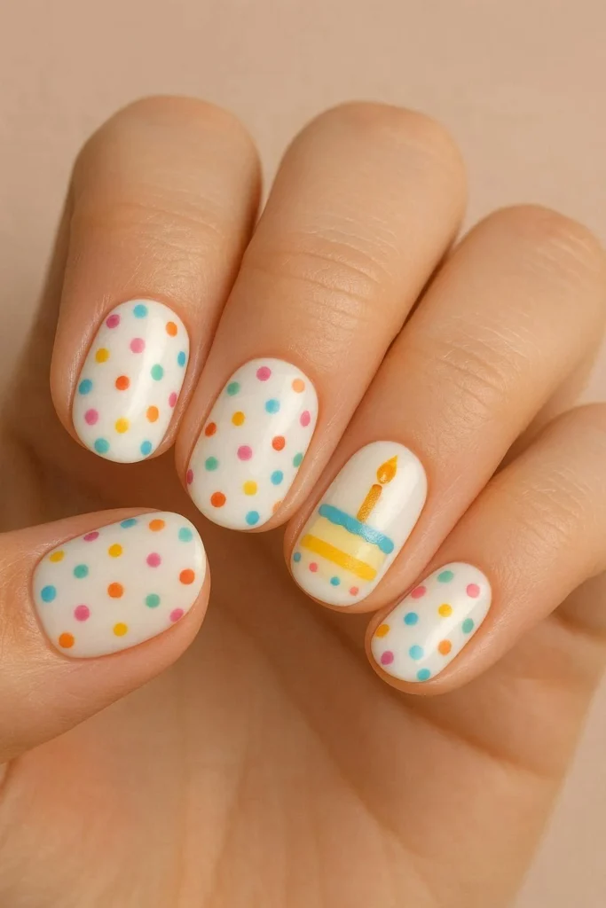 Short round nails with white base colorful sprinkle dots and birthday candle accent nail art