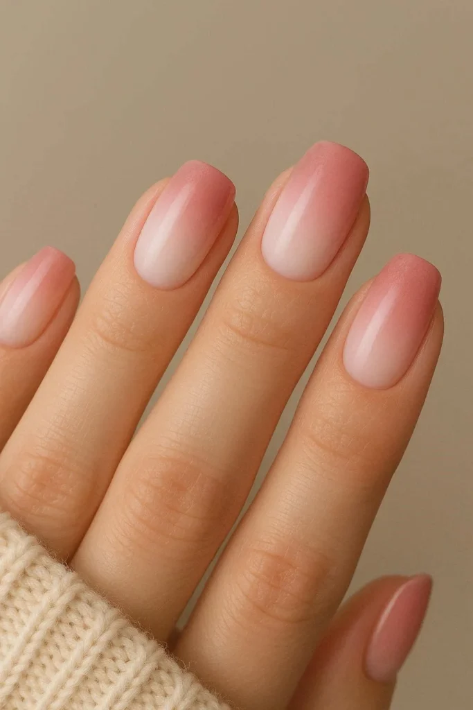 Long coffin nails with white to dusty rose blush ombré gradient for Valentine's Day