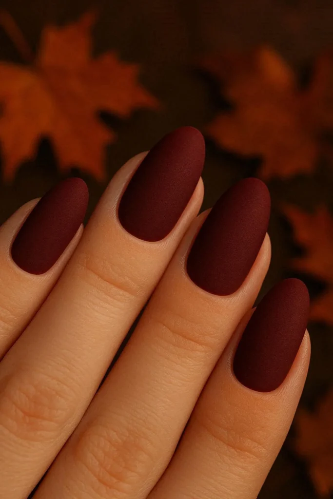Medium oval nails with deep rich burgundy matte velvet finish for Thanksgiving