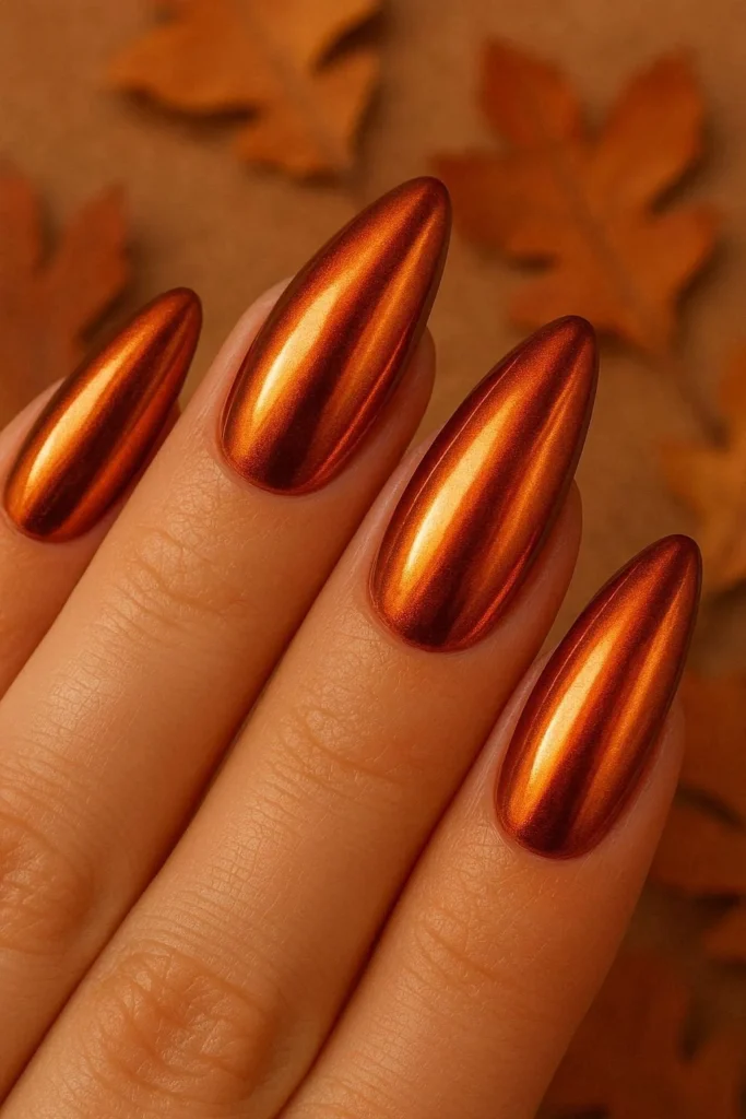 Coffin nails with warm burnt orange chrome metallic finish for fall and Thanksgiving