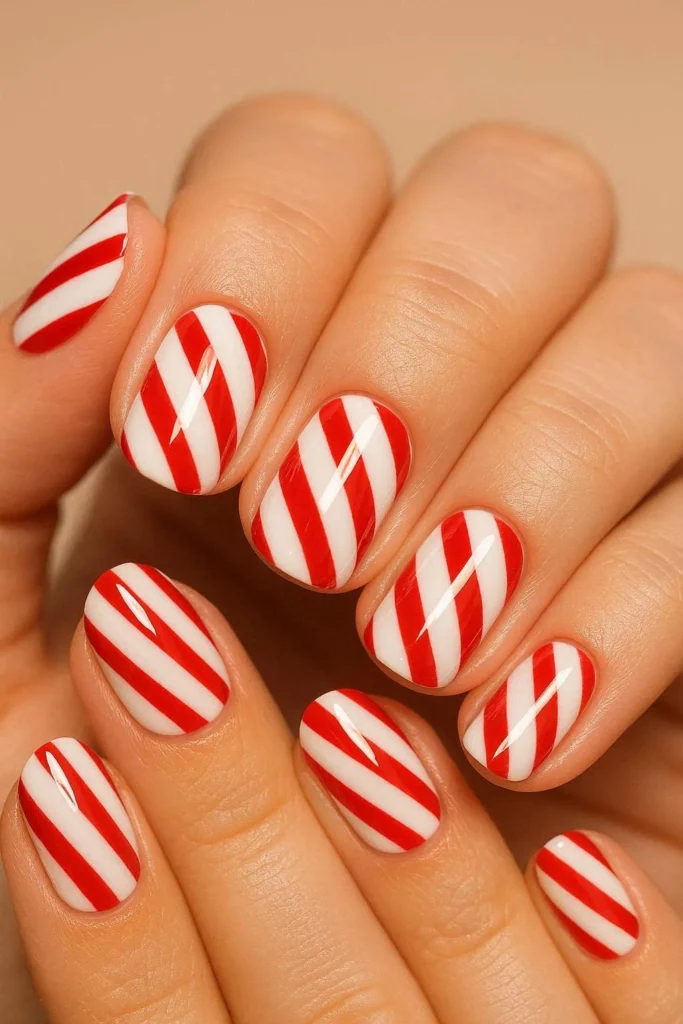Short square nails with white base and diagonal red candy cane stripe nail art for the holidays