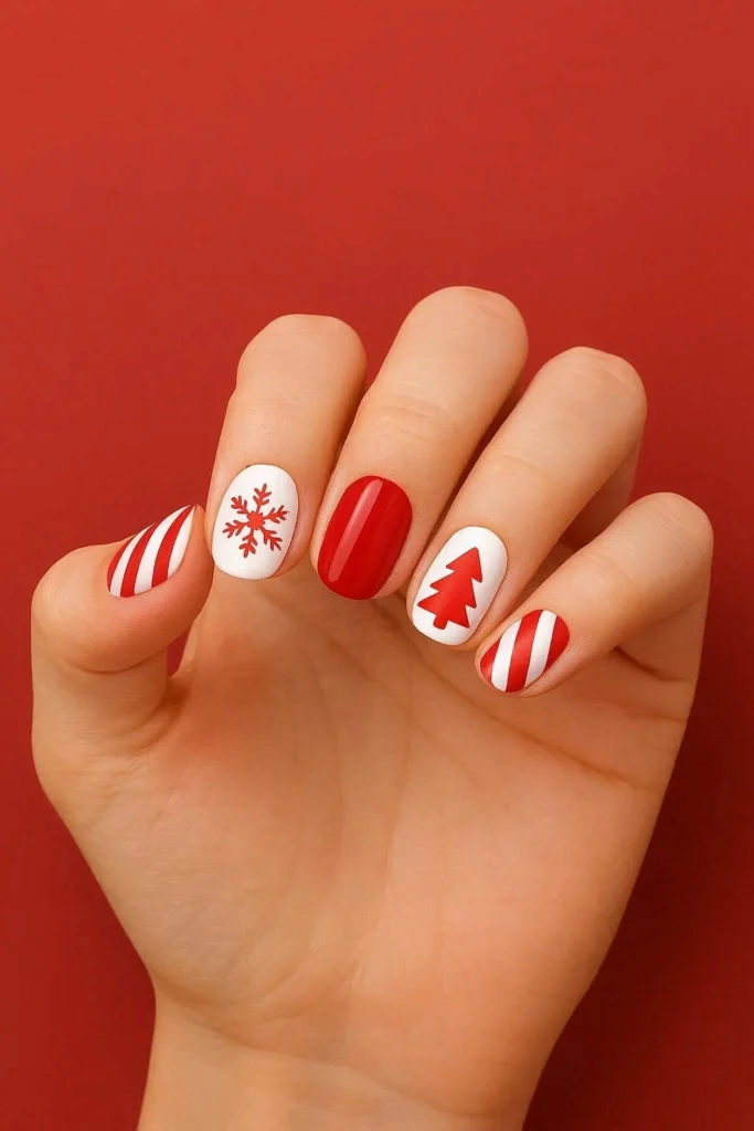 Short oval nails with red and white candy stripe festive nail art for Christmas in July
