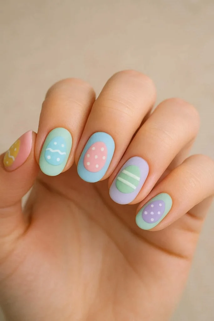 Short round nails with pastel base and tiny painted Easter egg designs in multiple colors