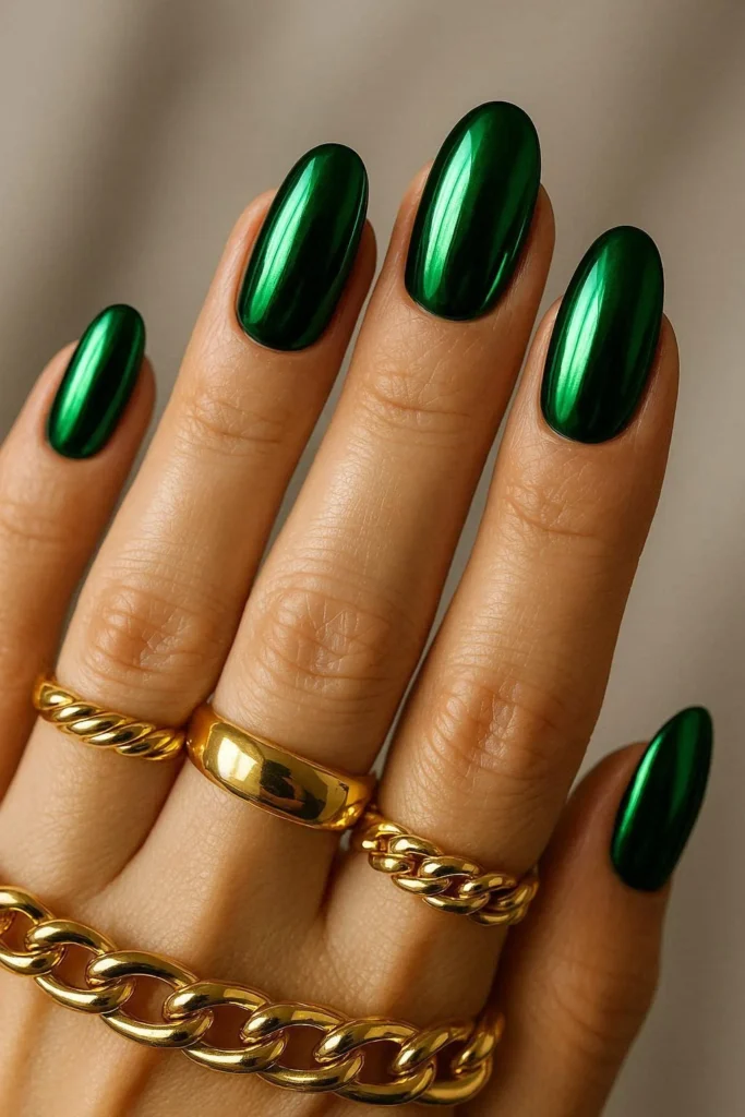 Coffin-shaped nails with deep emerald green chrome mirror finish for Christmas 2026