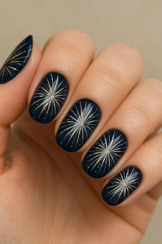Long square nails with navy black base and gold silver firework burst nail art for NYE