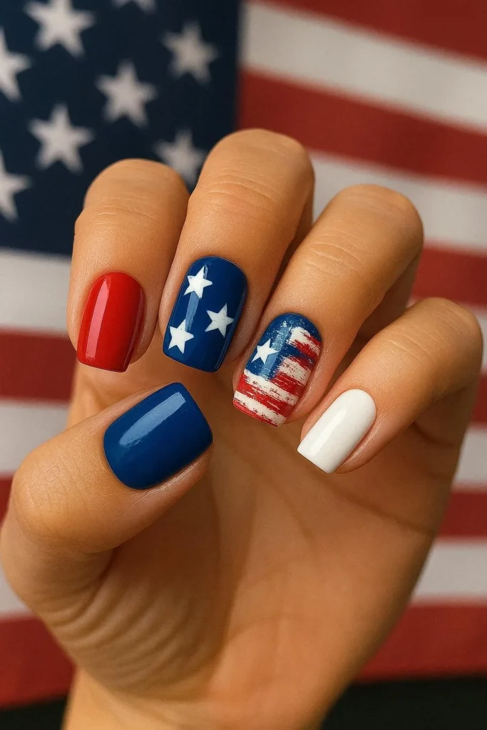 Short square nails with red white and blue color-blocked patriotic nail art for Fourth of July