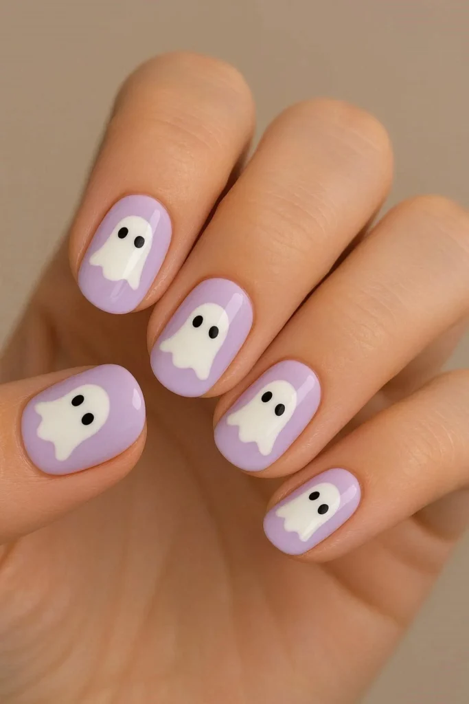 Short square nails with black base and cute kawaii ghost nail art design for Halloween