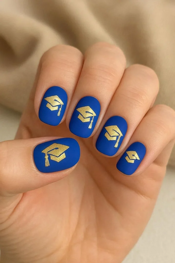 Medium oval nails with royal blue base and tiny gold graduation cap nail art