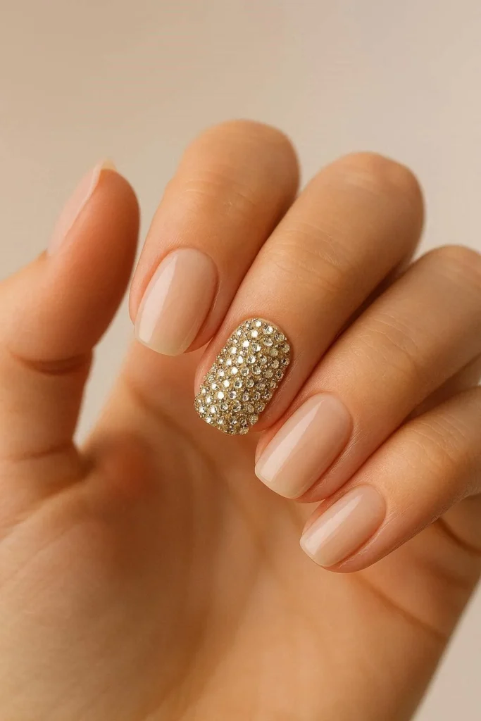 Medium almond nails with nude gel base and rhinestone mosaic accent nail for New Year's