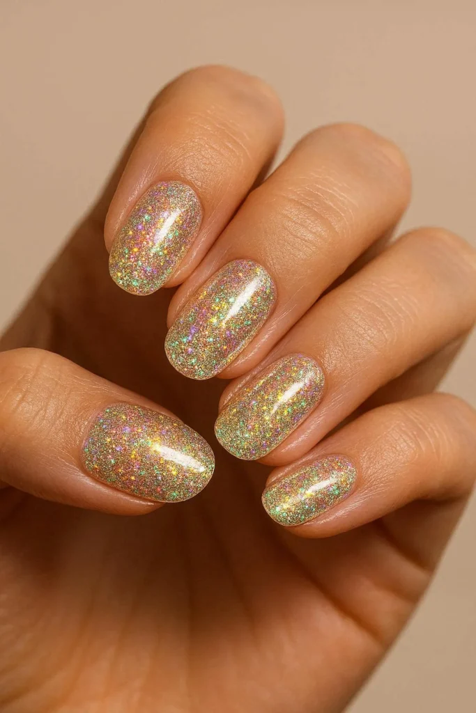 Oval nails with holographic glitter polish shifting pink gold and silver for New Year's Eve