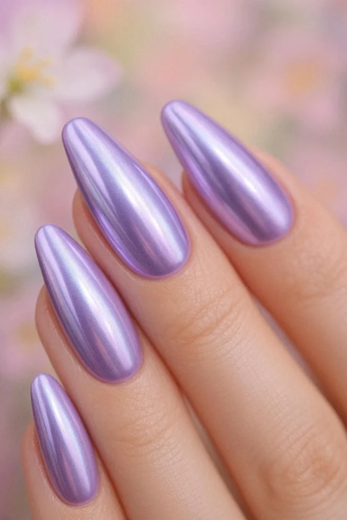 Coffin nails with soft lavender purple chrome metallic mirror finish for spring 2026