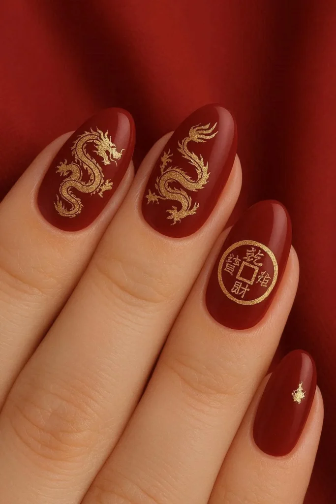 Almond nails with deep red base and gold foil dragon motif for Lunar New Year