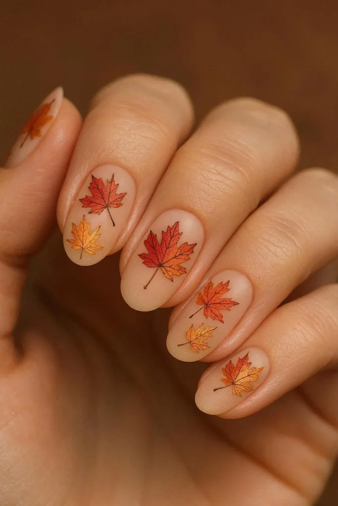 Medium oval nails with nude base and hand-painted red orange gold maple leaf nail art for autumn