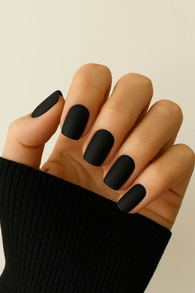 Medium oval nails with smooth flat matte black polish for a chic Halloween look