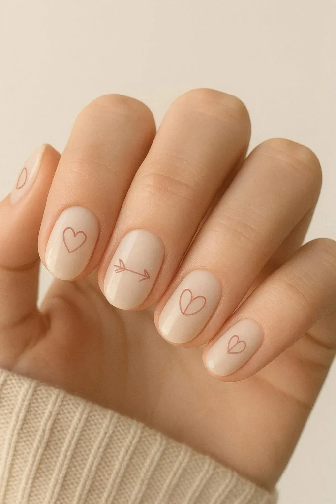 Short square nails with nude base and minimal gold heart line art for Valentine's Day 2026
