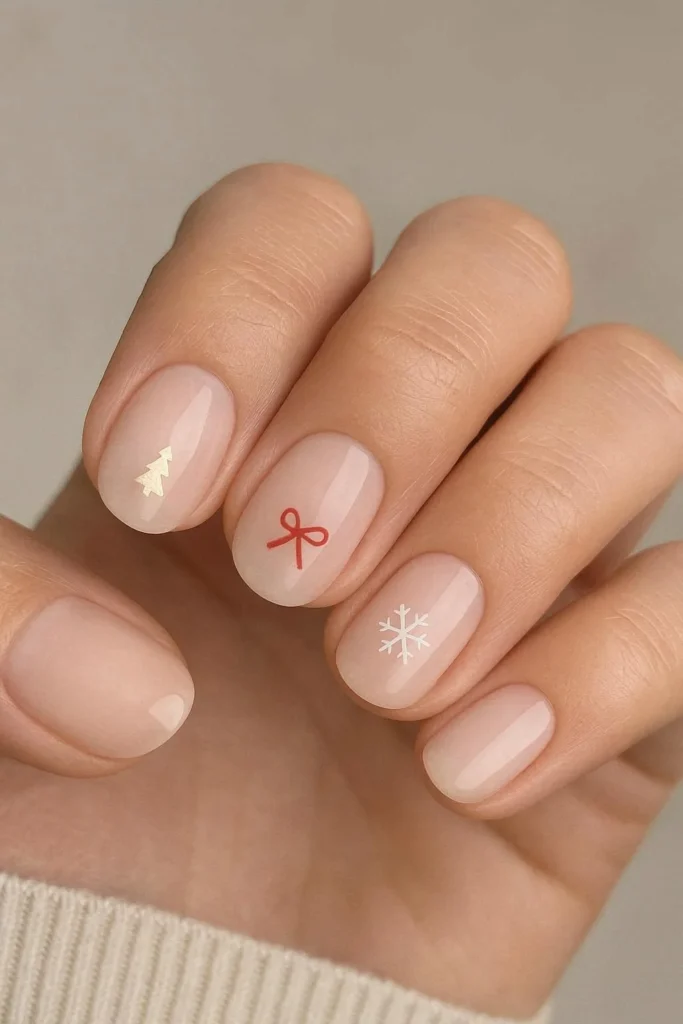 Short oval nails with soft nude base and tiny gold Christmas tree accent nail art