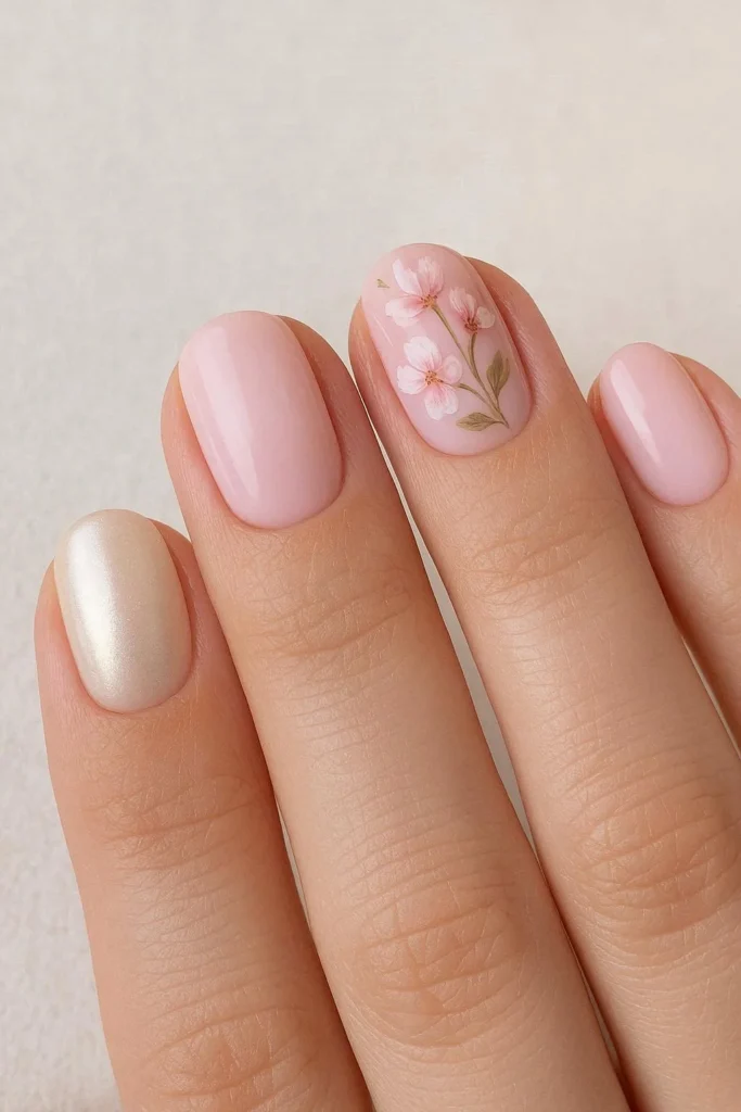 Short oval nails with soft pink base and delicate floral nail art for Mother's Day