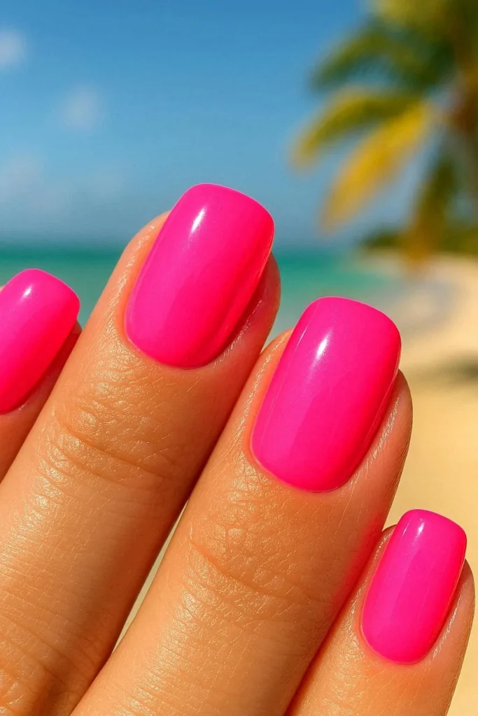 Short square nails with bold electric neon pink polish for a summer beach vacation