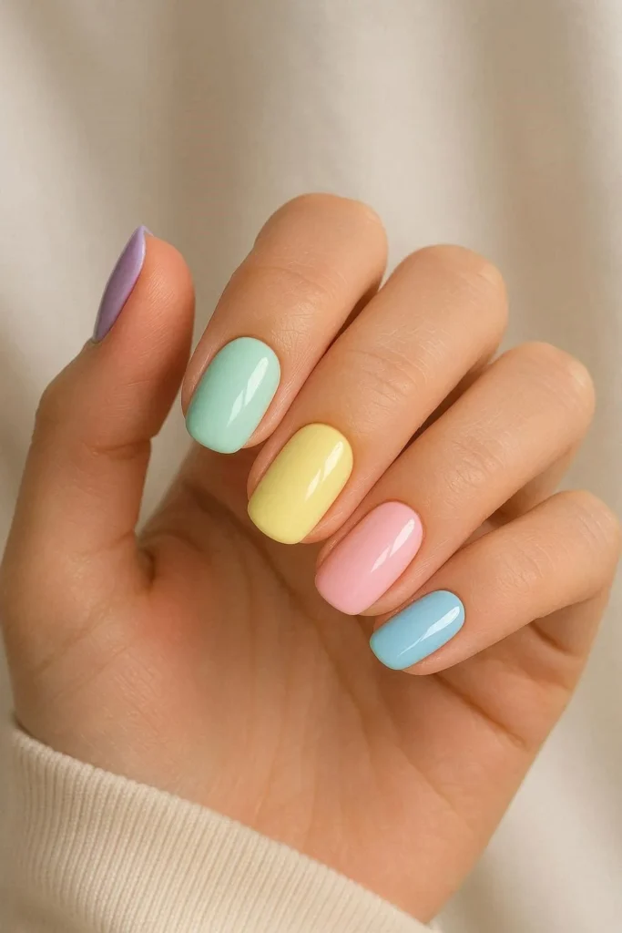 Short oval nails each painted in a different pastel color for a rainbow Easter manicure