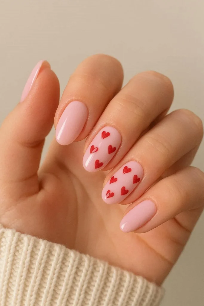 Short round nails with baby pink base and tiny hand-painted red heart nail art for Valentine's Day