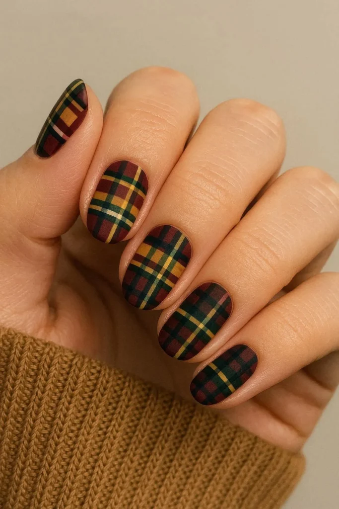 Short square nails with intricate burgundy mustard and green plaid nail art for Thanksgiving