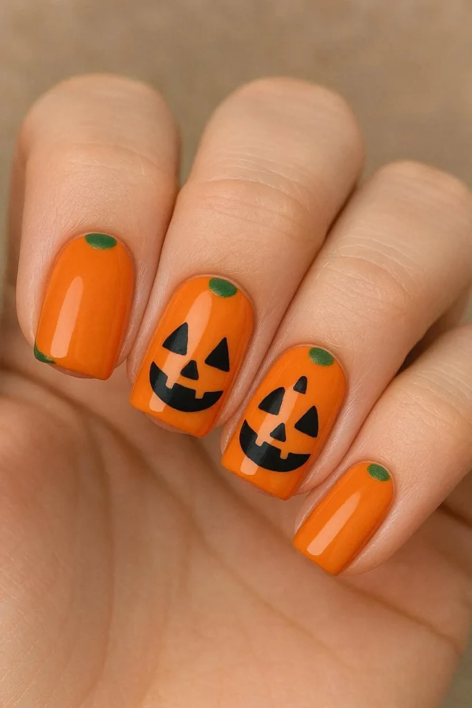 Short round nails with orange base and black jack-o-lantern pumpkin nail art for Halloween