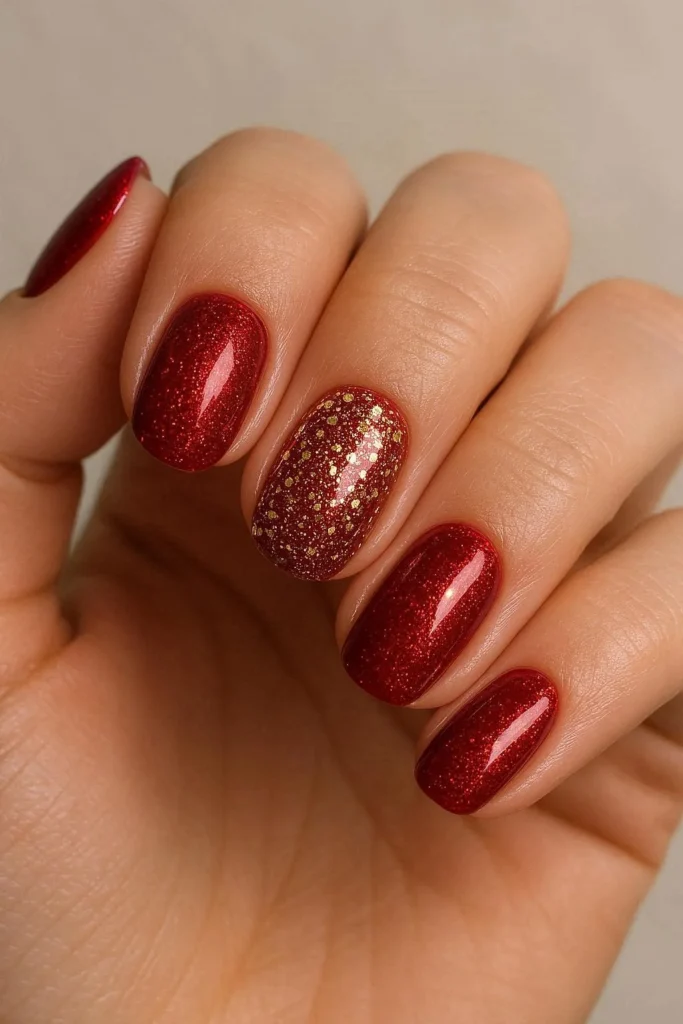 Close-up of almond-shaped nails with deep red polish and chunky gold glitter accent nail for Christmas