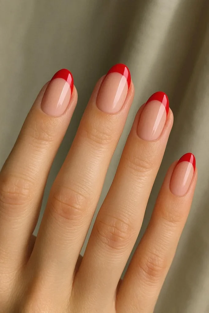 Almond nails with nude pink base and bold red French tip manicure for Valentine's Day
