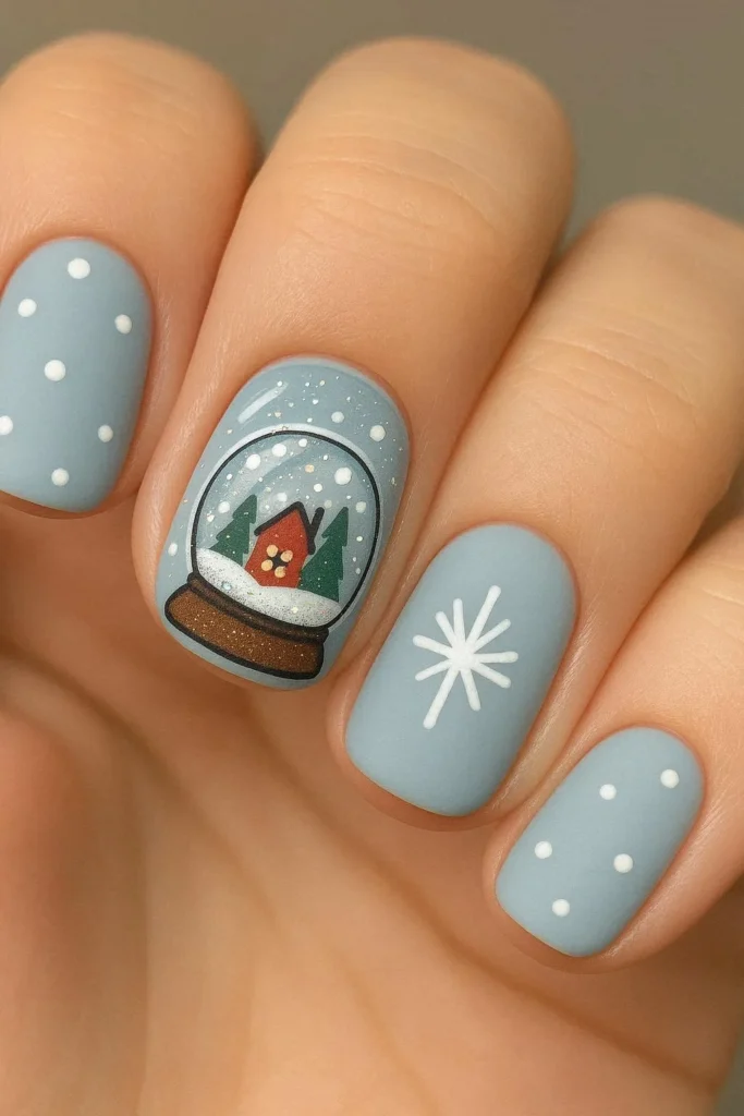 Short square nails with illustrated snow globe accent nail art for Christmas