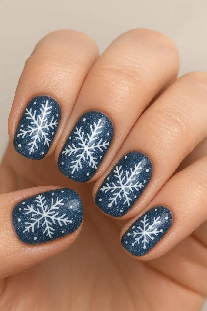 Long almond nails with navy blue base and delicate white snowflake nail art for winter