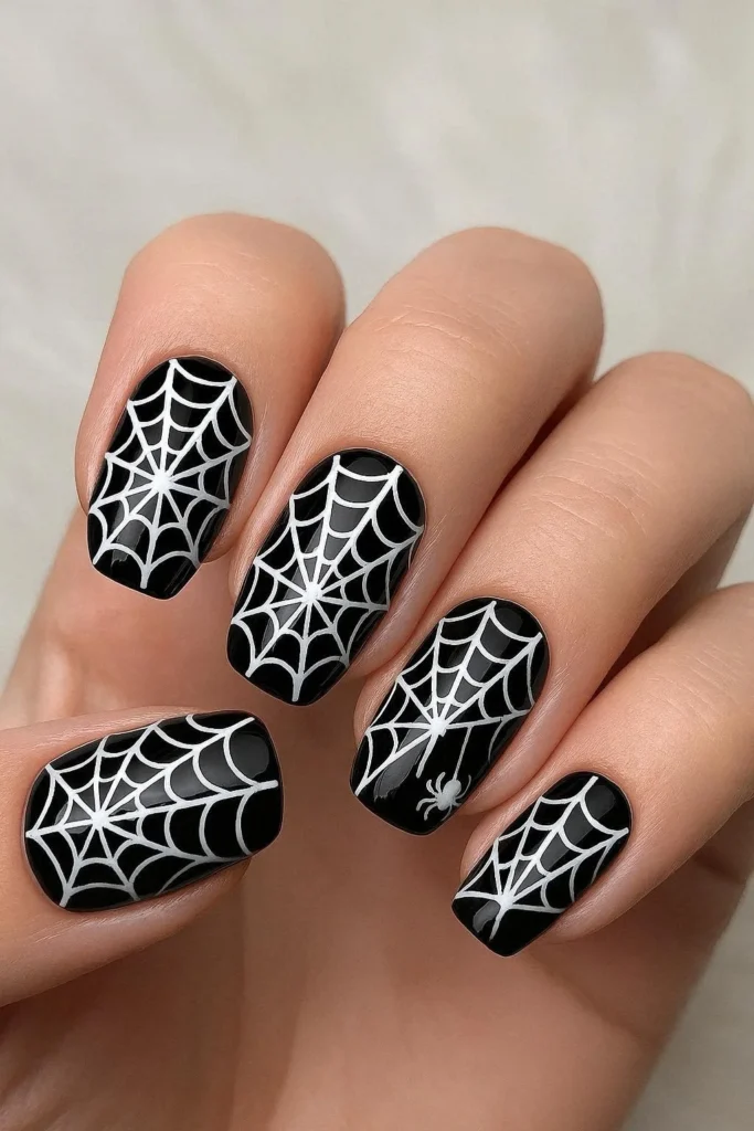 Medium almond nails with glossy black base and white spider web nail art for Halloween